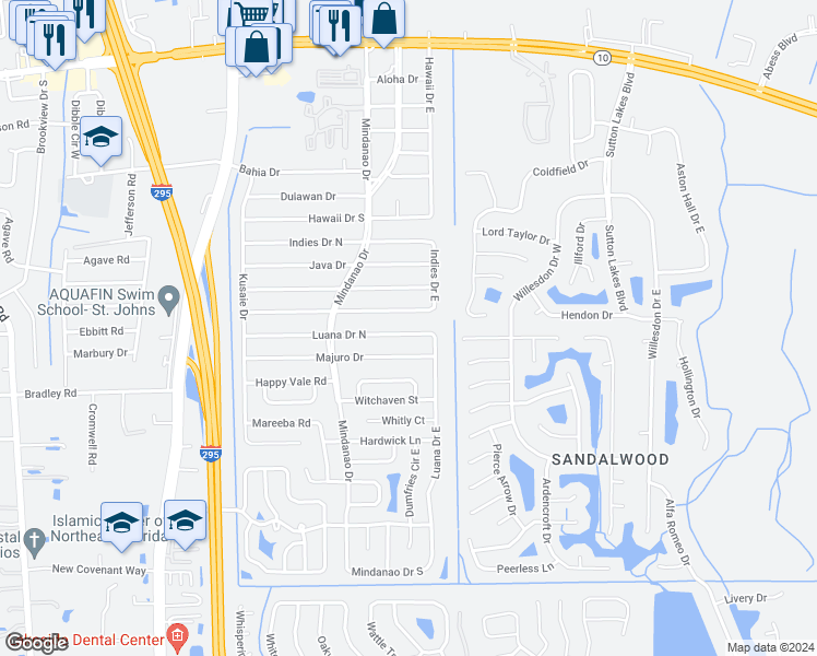map of restaurants, bars, coffee shops, grocery stores, and more near 10975 Luana Drive North in Jacksonville
