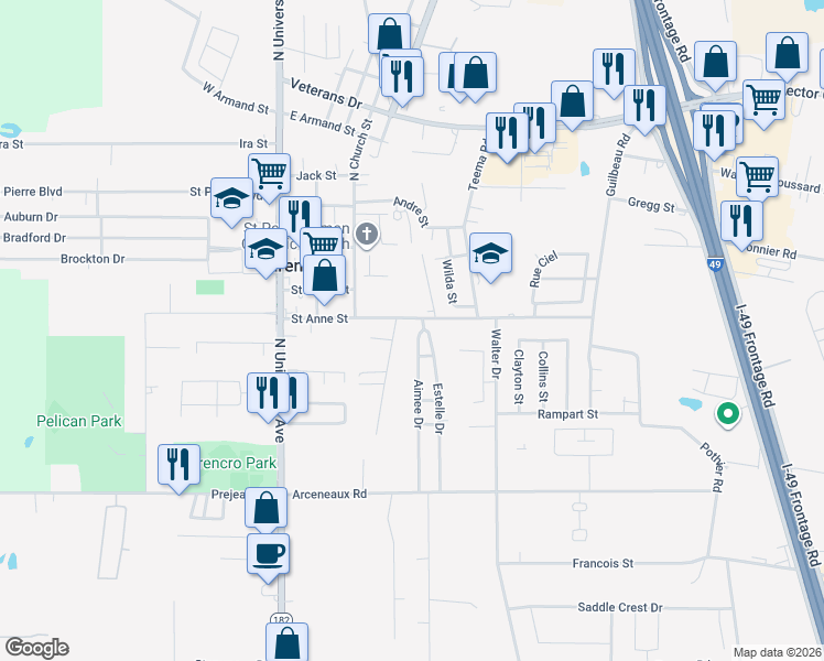 map of restaurants, bars, coffee shops, grocery stores, and more near 118 Aimee Drive in Carencro