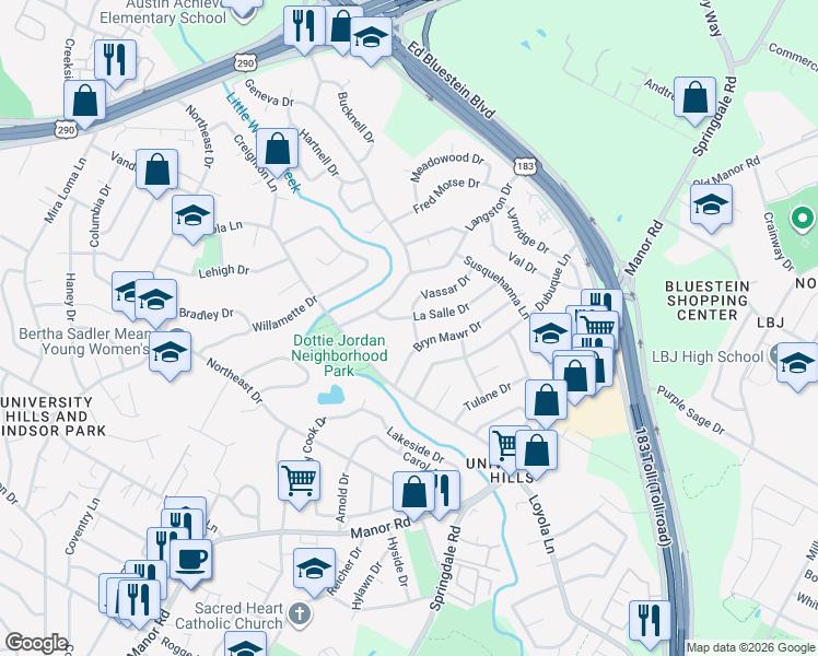 map of restaurants, bars, coffee shops, grocery stores, and more near 6806 Hanover Lane in Austin