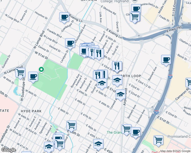 map of restaurants, bars, coffee shops, grocery stores, and more near 5105a Avenue H in Austin