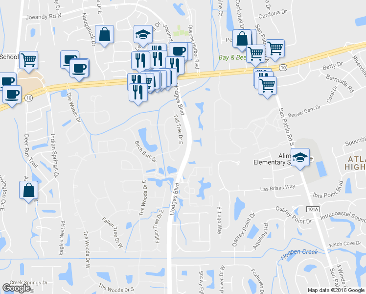 map of restaurants, bars, coffee shops, grocery stores, and more near 1793 Tall Tree Drive East in Jacksonville