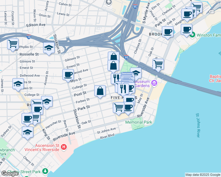 map of restaurants, bars, coffee shops, grocery stores, and more near 2116 Post Street in Jacksonville