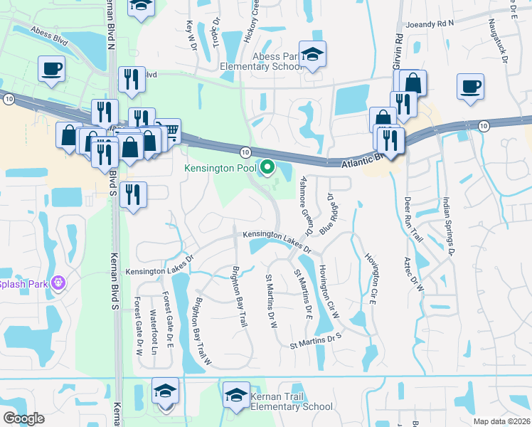 map of restaurants, bars, coffee shops, grocery stores, and more near 1883 Burgess Hill Drive East in Jacksonville