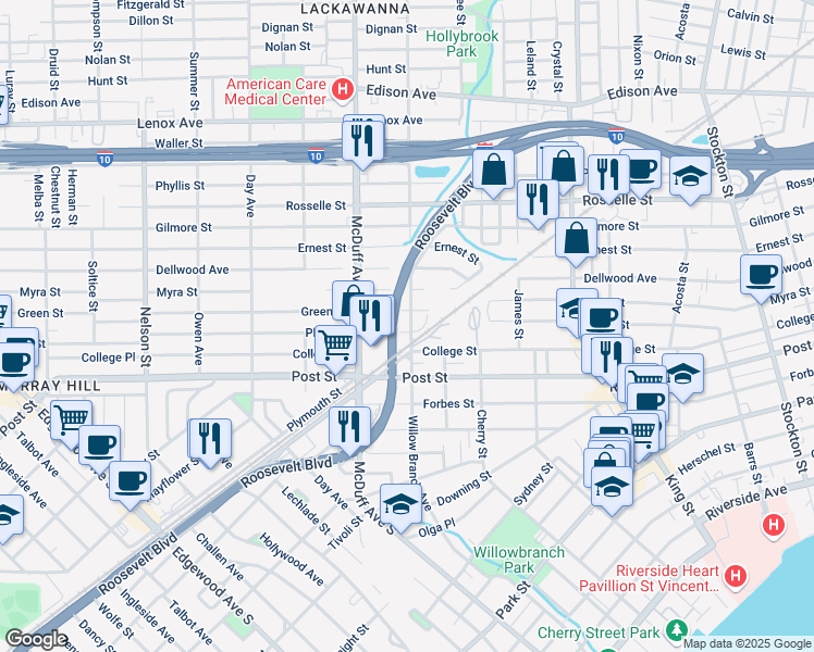 map of restaurants, bars, coffee shops, grocery stores, and more near 2941 Plum Street in Jacksonville