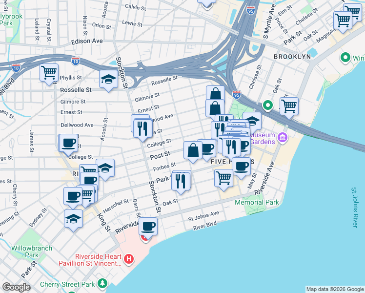 map of restaurants, bars, coffee shops, grocery stores, and more near 2205 Post Street in Jacksonville