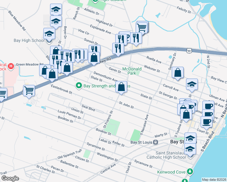 map of restaurants, bars, coffee shops, grocery stores, and more near 505 Main St in Bay St Louis