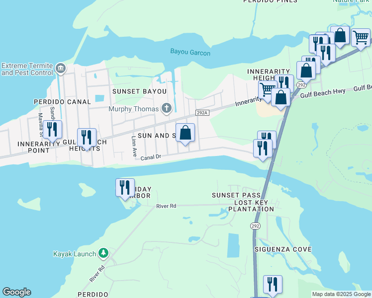 map of restaurants, bars, coffee shops, grocery stores, and more near 13900 Canal Drive in Pensacola