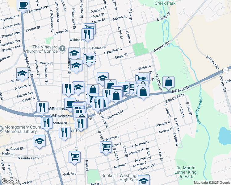 map of restaurants, bars, coffee shops, grocery stores, and more near 412 East Phillips Street in Conroe