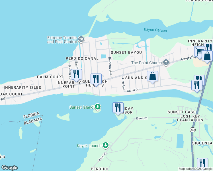 map of restaurants, bars, coffee shops, grocery stores, and more near 5796 Ucita Avenue in Pensacola