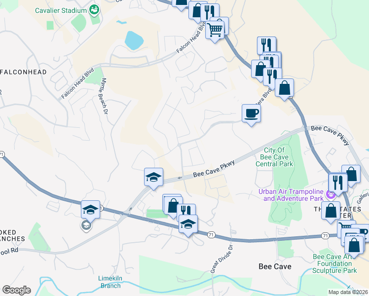 map of restaurants, bars, coffee shops, grocery stores, and more near 14320 Senia Bend in Bee Cave