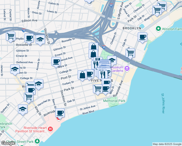 map of restaurants, bars, coffee shops, grocery stores, and more near 2116 Post Street in Jacksonville