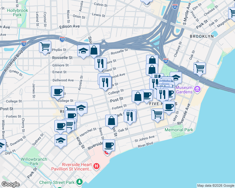 map of restaurants, bars, coffee shops, grocery stores, and more near 2254 College Street in Jacksonville