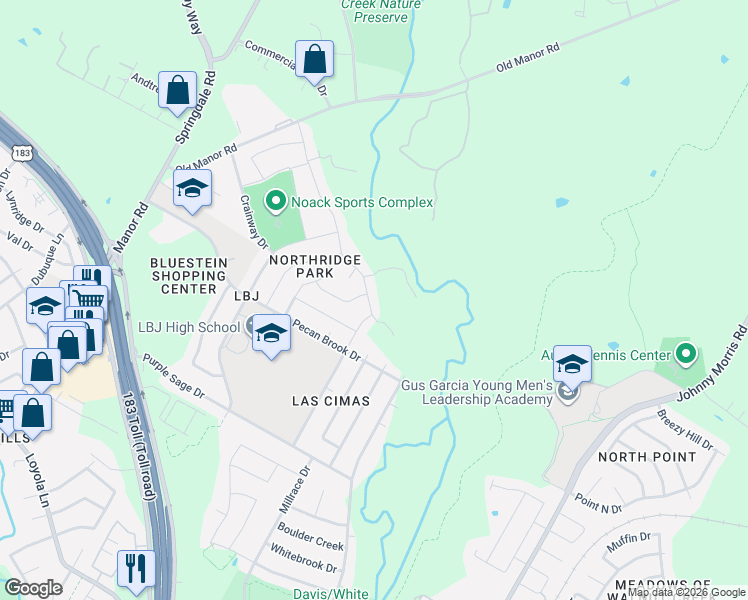 map of restaurants, bars, coffee shops, grocery stores, and more near 7609 Crystalbrook West in Austin