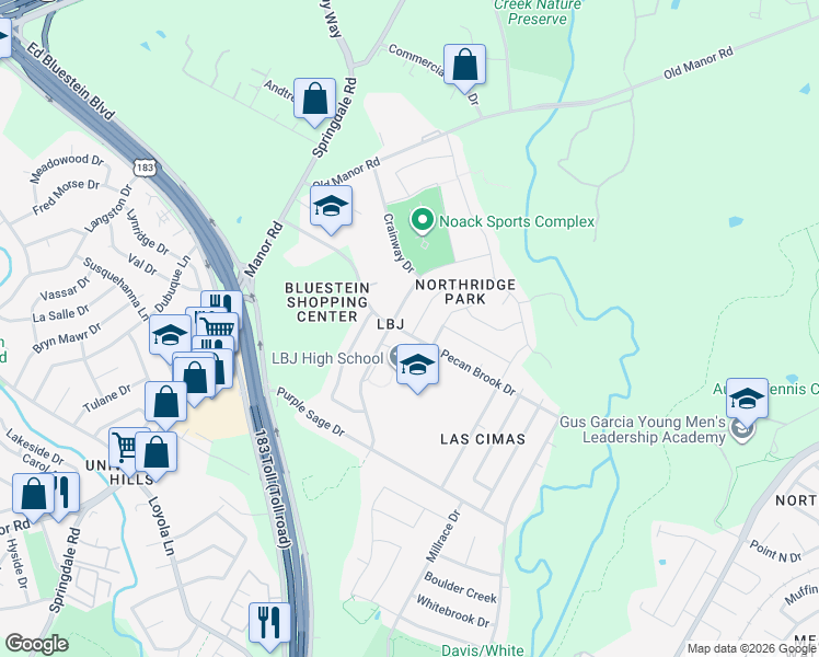 map of restaurants, bars, coffee shops, grocery stores, and more near 7502 Rio Pass in Austin