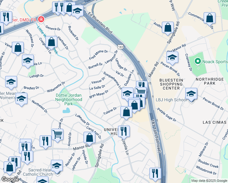 map of restaurants, bars, coffee shops, grocery stores, and more near 6911 Bryn Mawr Drive in Austin