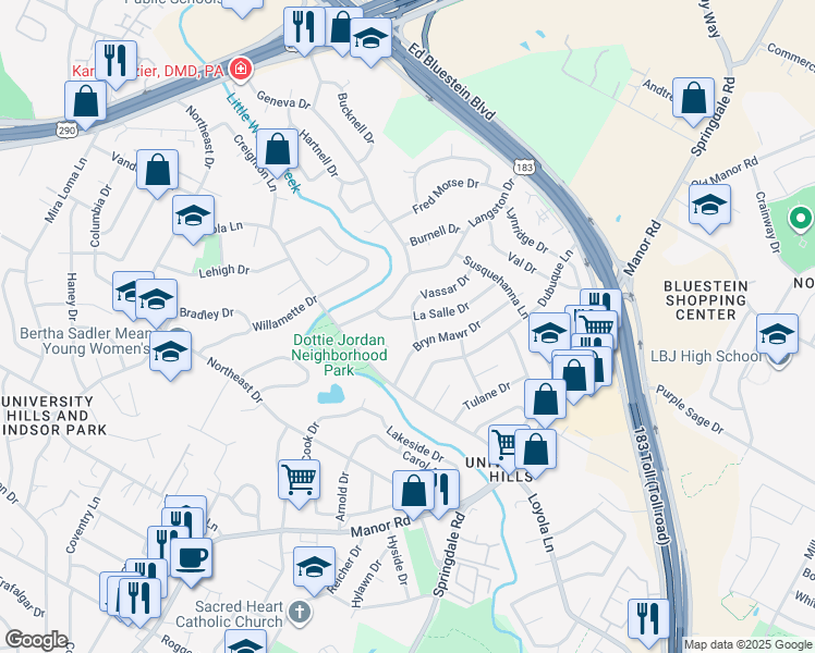 map of restaurants, bars, coffee shops, grocery stores, and more near 6805 Hanover Lane in Austin