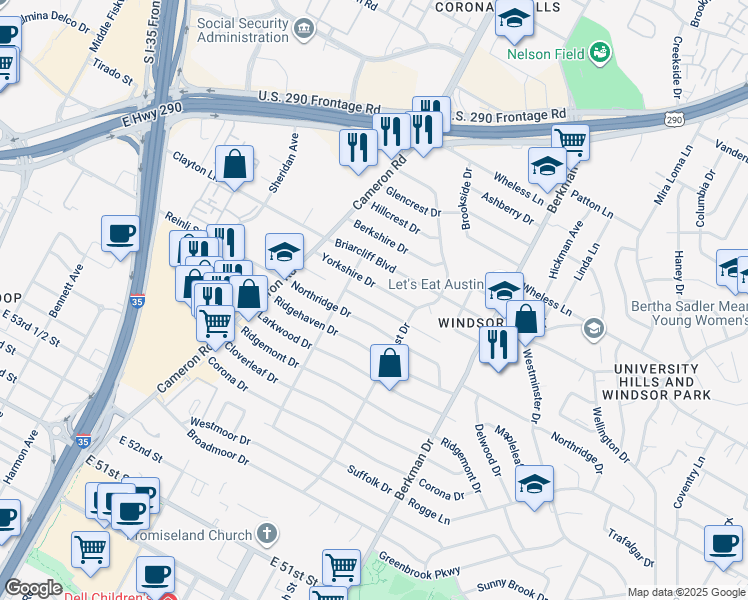 map of restaurants, bars, coffee shops, grocery stores, and more near 1406 Braes Ridge Drive in Austin