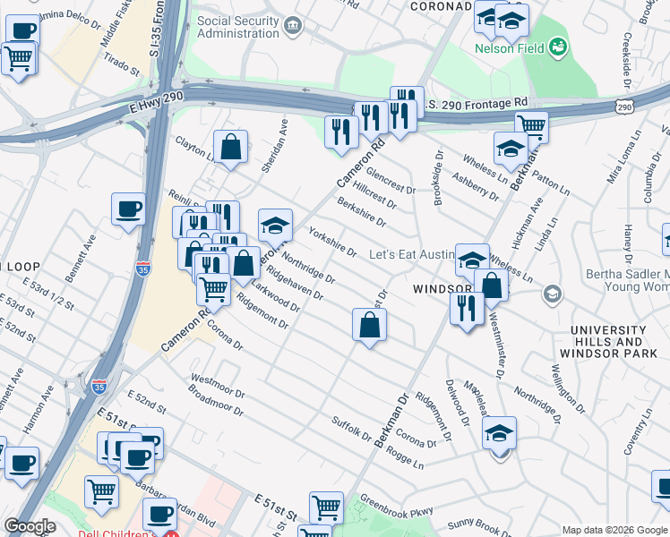 map of restaurants, bars, coffee shops, grocery stores, and more near 1406 Braes Ridge Drive in Austin