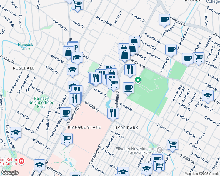 map of restaurants, bars, coffee shops, grocery stores, and more near 4616 Triangle Avenue in Austin