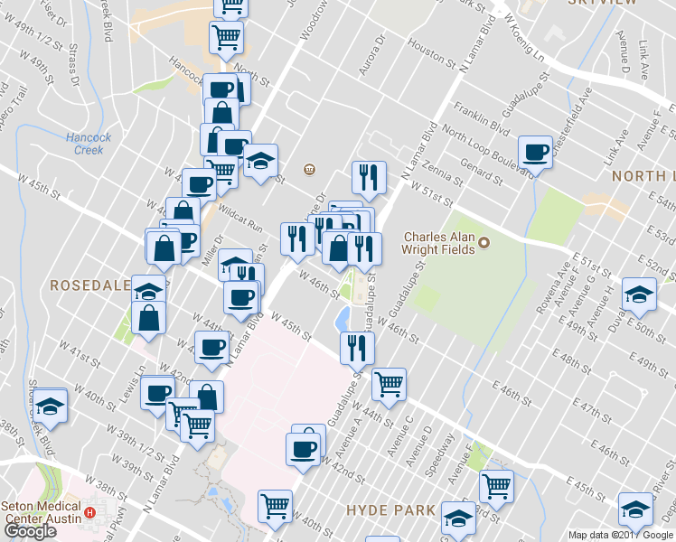map of restaurants, bars, coffee shops, grocery stores, and more near 4616 Triangle Avenue in Austin