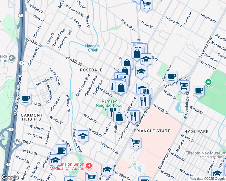 map of restaurants, bars, coffee shops, grocery stores, and more near 4409 Rosedale Avenue in Austin