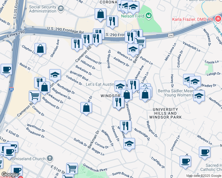 map of restaurants, bars, coffee shops, grocery stores, and more near 6003 Dunbury Drive in Austin