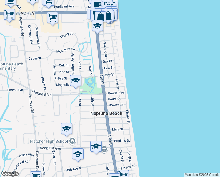 map of restaurants, bars, coffee shops, grocery stores, and more near 229 North Street in Neptune Beach
