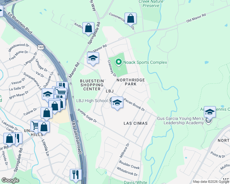 map of restaurants, bars, coffee shops, grocery stores, and more near 7502 Rio Pass in Austin