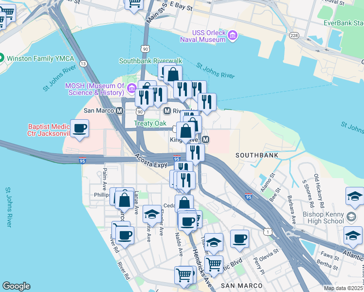 map of restaurants, bars, coffee shops, grocery stores, and more near 1451 Louisa Street in Jacksonville