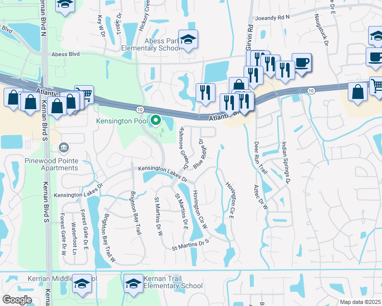 map of restaurants, bars, coffee shops, grocery stores, and more near 1830 Wildwood Creek Lane in Jacksonville