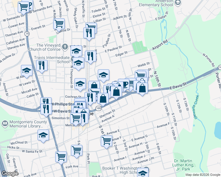 map of restaurants, bars, coffee shops, grocery stores, and more near 410 North 4th Street in Conroe