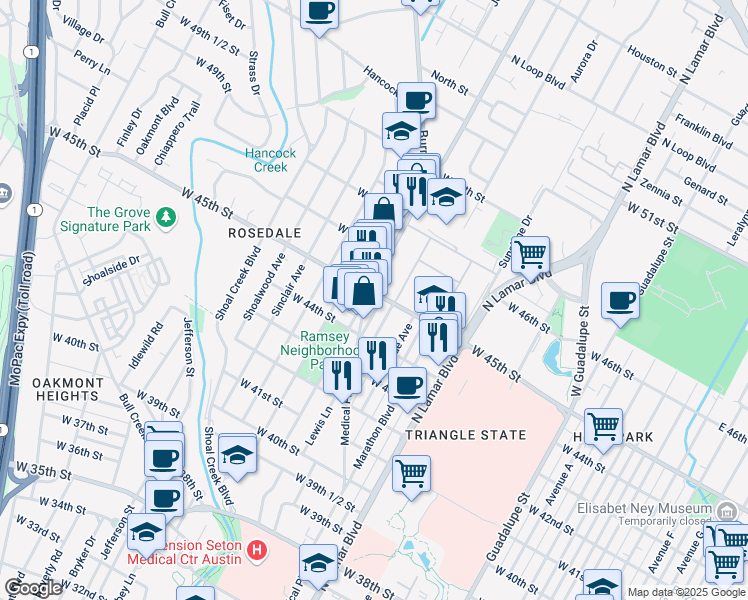 map of restaurants, bars, coffee shops, grocery stores, and more near 1309 West 45th Street in Austin