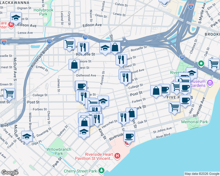 map of restaurants, bars, coffee shops, grocery stores, and more near 2573 Haldumar Terrace in Jacksonville