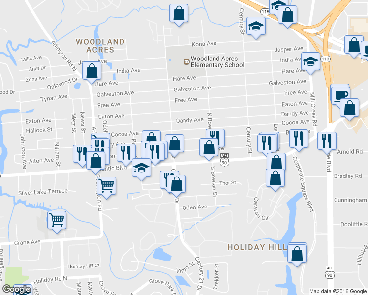 map of restaurants, bars, coffee shops, grocery stores, and more near 8129 Alton Avenue in Jacksonville
