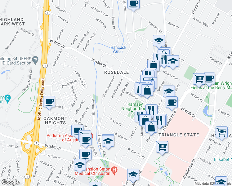 map of restaurants, bars, coffee shops, grocery stores, and more near 4307 Shoalwood Avenue in Austin