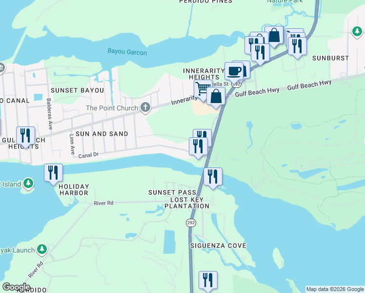 map of restaurants, bars, coffee shops, grocery stores, and more near 13528 Canal Drive in Pensacola