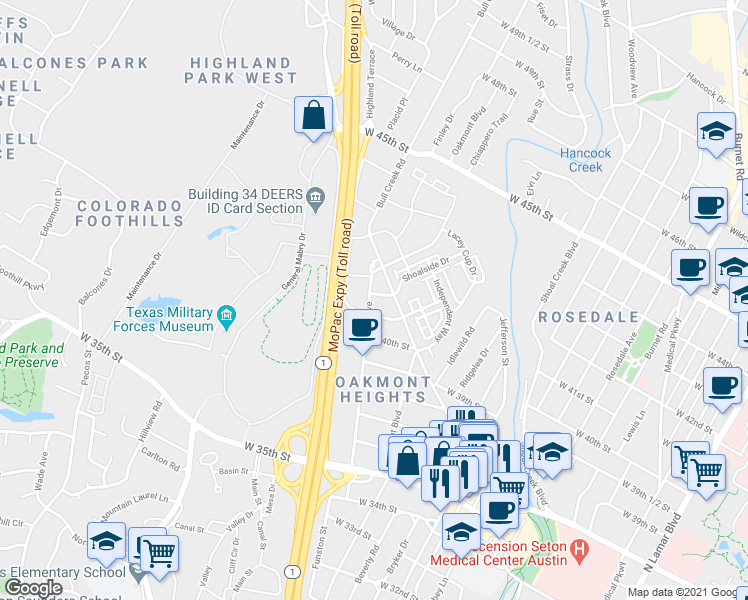map of restaurants, bars, coffee shops, grocery stores, and more near 1909 West 42nd Street in Austin
