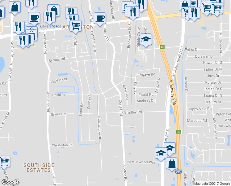 map of restaurants, bars, coffee shops, grocery stores, and more near 10349 Anson Road in Jacksonville