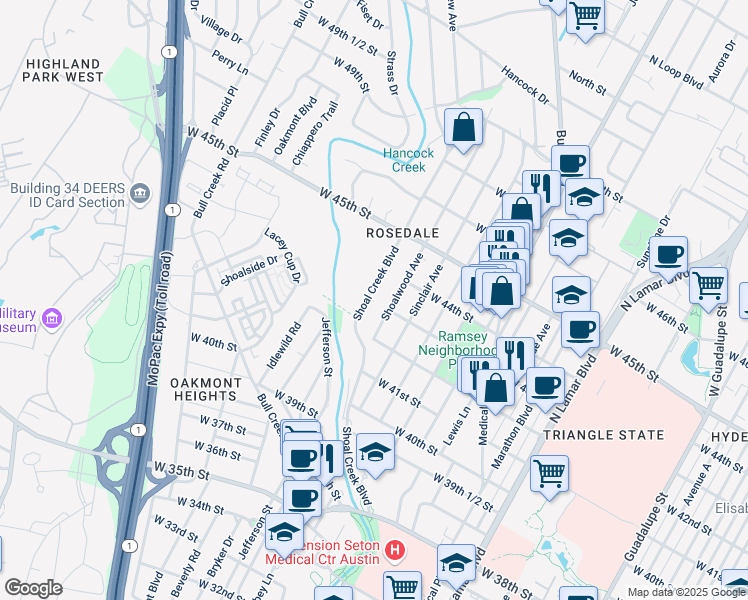 map of restaurants, bars, coffee shops, grocery stores, and more near 4301 Shoal Creek Boulevard in Austin