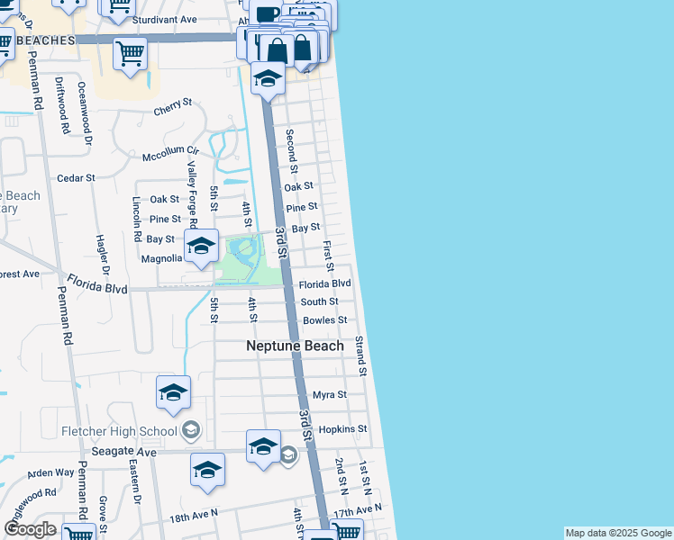 map of restaurants, bars, coffee shops, grocery stores, and more near 115 North Street in Neptune Beach