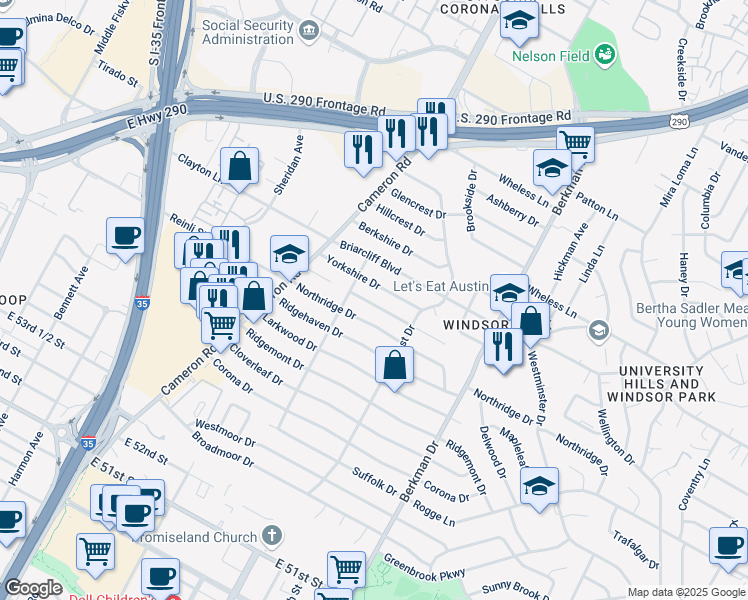 map of restaurants, bars, coffee shops, grocery stores, and more near 1406 Braes Ridge Drive in Austin