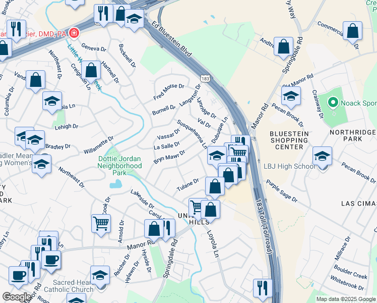 map of restaurants, bars, coffee shops, grocery stores, and more near 6911 Bryn Mawr Drive in Austin