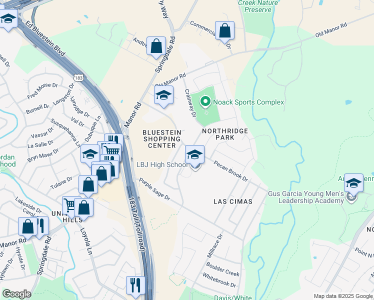 map of restaurants, bars, coffee shops, grocery stores, and more near 7408 Lazy Creek Drive in Austin