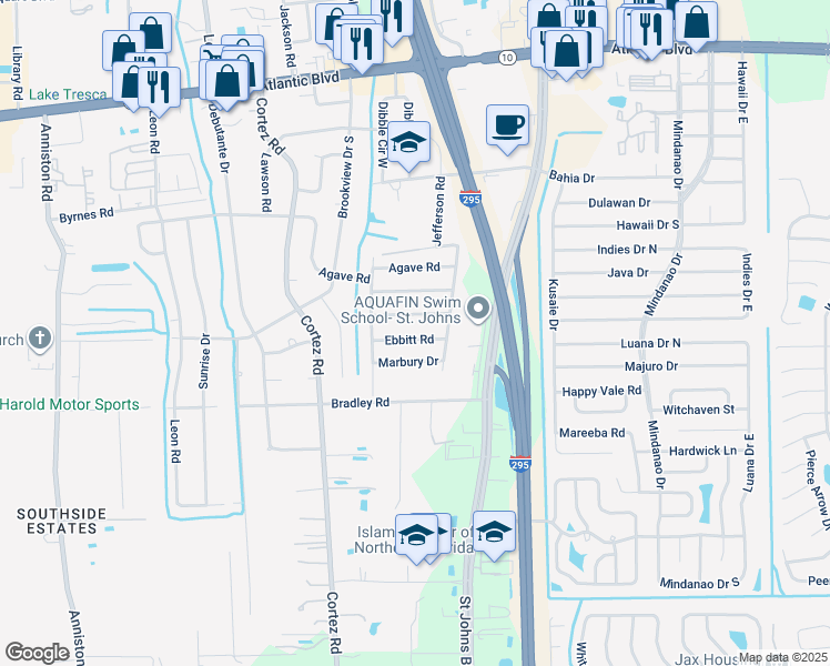map of restaurants, bars, coffee shops, grocery stores, and more near 10445 Ebbitt Road in Jacksonville