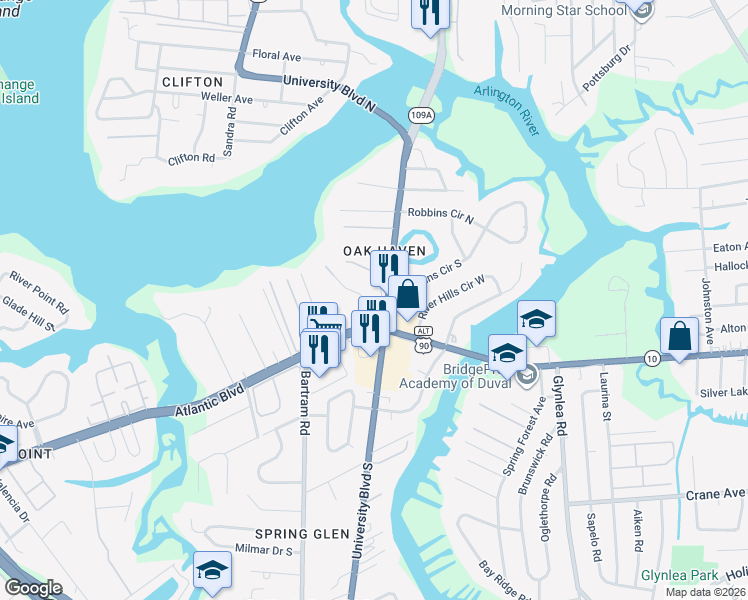 map of restaurants, bars, coffee shops, grocery stores, and more near 1509 Lawrence Place in Jacksonville