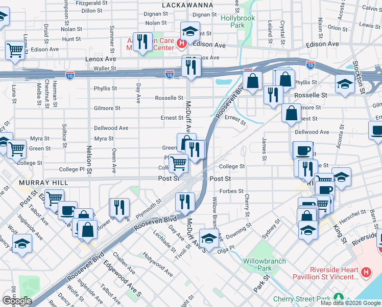 map of restaurants, bars, coffee shops, grocery stores, and more near 2985 Plum Street in Jacksonville