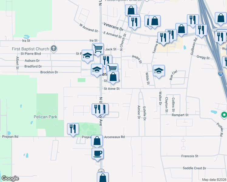 map of restaurants, bars, coffee shops, grocery stores, and more near 206 Saint Anne Street in Carencro