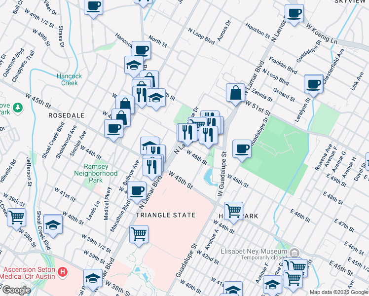 map of restaurants, bars, coffee shops, grocery stores, and more near 4601 North Lamar Boulevard in Austin