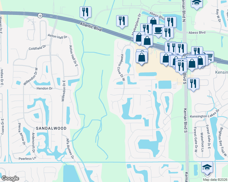 map of restaurants, bars, coffee shops, grocery stores, and more near 12018 Autumn Sunrise Drive in Jacksonville