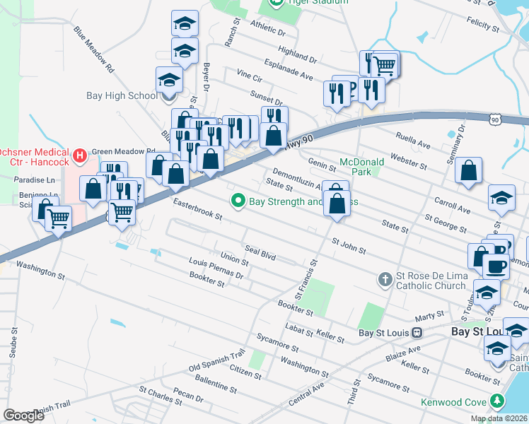 map of restaurants, bars, coffee shops, grocery stores, and more near 531 Saint John Street in Bay St. Louis